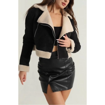 İçi kürklü dışı süet kısa kaban siyah t1186