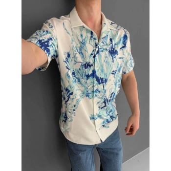 İki İplik Kumaş Baskılı Gömlek - Beyaz