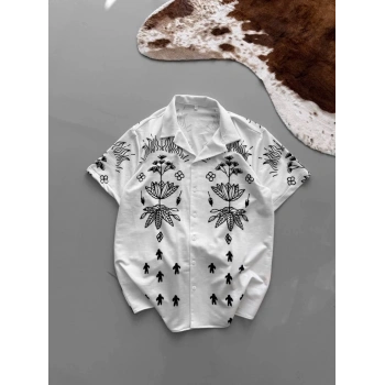 İki İplik Kumaş Baskılı Gömlek - Beyaz