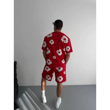 İki İplik Kumaş Baskılı T-shirt Şortlu Takım- Kırmızı