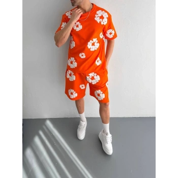 İki İplik Kumaş Baskılı T-shirt Şortlu Takım- Turuncu
