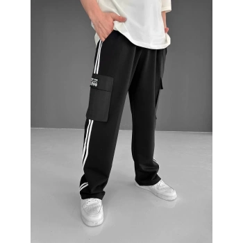 İki İplik Kumaş Kargo Cepli Şeritli Alt Esofman - Siyah