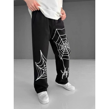 İki İplik Kumaş Örümcek Baskılı Esofman - Siyah