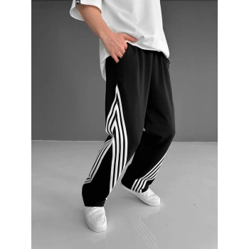 İki İplik Kumaş Şeritli Alt Esofman - Siyah