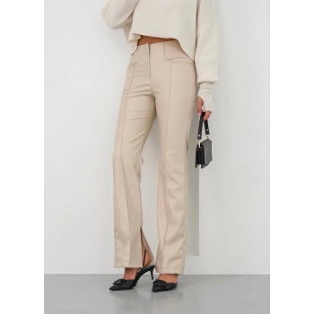 İspanyol yırtmaçlı paça deri pantolon bej hn