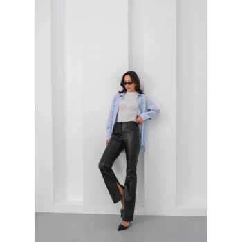 İspanyol yırtmaçlı paça deri pantolon siyah hn