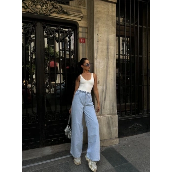 Kadın Arkadan Yırtmaçlı Jeans Kot Palazzo Pantolon - Mavi