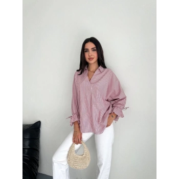 Kadın Arkası Asimetrik Yırtmaç Kesim Detaylı Cizgili Bluz Gömlek - Bordo