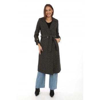 Kadın Astarlı Balık Sırtı Kaşmir Kaşe Kaban - Kahverengi