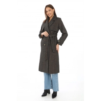 Kadın Balık Sırtı Yünlü Dokuma Kaşe Kaban – Kruvaze Yaka, Kuşaklı, Cepli, Astarlı Uzun Boy Tesettür Şık Kışlık Kaşe Kaban Modeli - Kahverengi