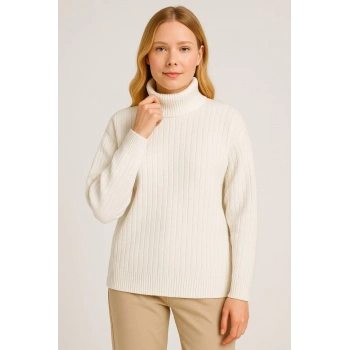 Kadın Balıkcı Yaka Bağazlı Triko Kazak Pamuklu Kalın Fitilli Dokuma - Beyaz