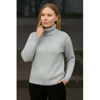 Kadın Balıkcı Yaka Bağazlı Triko Kazak Pamuklu Kalın Fitilli Dokuma - Gri