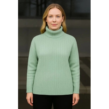 Kadın Balıkcı Yaka Bağazlı Triko Kazak Pamuklu Kalın Fitilli Dokuma - Mint Yeşili