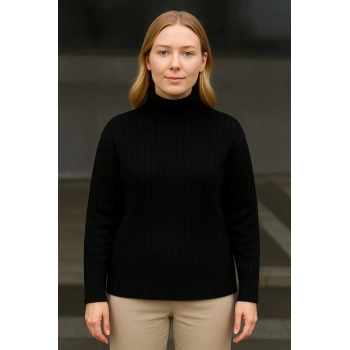 Kadın Balıkcı Yaka Bağazlı Triko Kazak Pamuklu Kalın Fitilli Dokuma - Siyah