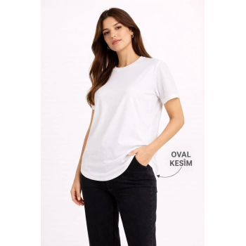 Kadın Basic T-Shirt Kısa Kol Bisiklet Yaka Oval Kesim Tişört - Beyaz
