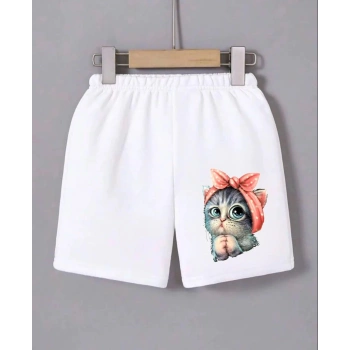 Kadın Beli Lastikli Baskılı Mini Şort - Beyaz