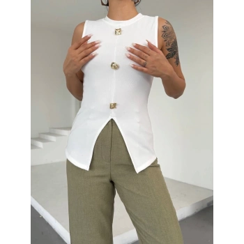 Kadın beyaz bisiklet yaka gold düğmeli ottoman bluz s2310