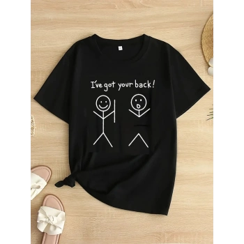 Kadın Beyaz Ive Got Your Back Grafik Tişört - Eğlenceli Çubuk Tasarımlı Oversize Günlük Kısa Kollu Tişört, Polyester Örgü, Yuvarlak Yaka, İlkbahar ve Yaz için Mükemmel, Günlük Giyim Tişört | Eğlenceli Tasarım | Polyester Kumaş- Siyah