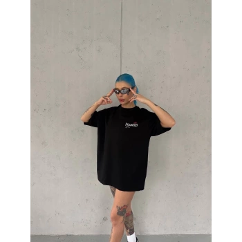 Kadın Bisiklet Yaka Baskılı kısa kol Oversize T-Shirt - Siyah