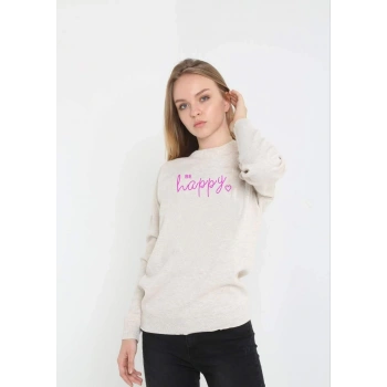 Kadın Bisiklet Yaka Kazak Baskılı Dokuma Triko - Bej