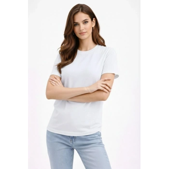 Kadın Bisiklet Yaka Tişört Regular Kalıp Basic Pamuklu Günlük Kullanım T-shirt - Beyaz