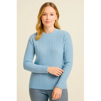 Kadın Bisiklet Yuvarlak Yaka Triko Kazak Pamuklu Kalın Fitilli Dokuma, Regular Fit Uzun Kollu Kışlık Model - Bebe Mavisi