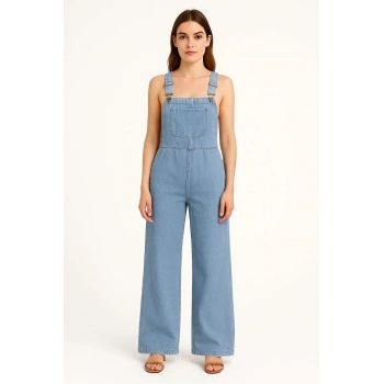Kadın Chambray Açık Mavi Denim Görünümlü Geniş Paça Salopet Tulum - Mavi