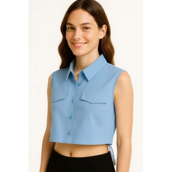 Kadın Crop Poplin Gömlek Yalancı Cepli, Ayarlanabilir Yan Kordonlu, - Bebe Mavisi