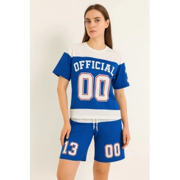 Kadın Şortlu Takım – Oversize İki İplik Kumaş, Ön & Arka Dijital Baskılı Tişört ve Lastikli Cepli Şort, Yazlık Günlük Spor Set - Mavi