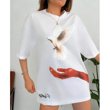 Kadın Dijital Baskılı T-Shirt - Beyaz