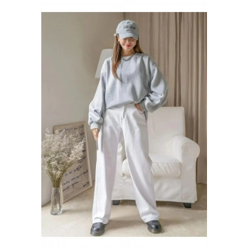 Kadın Düz Bisiklet Yaka Sweat - Gri