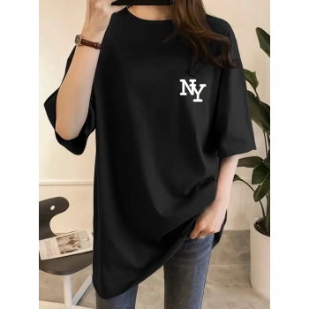 Kadın Eğlenceli Harf NY Baskılı Bisiklet Yaka Tişört - Rahat Polyester, Makinede Yıkanabilir - Yaz ve Fitness için Mükemmel, Yuvarlak Yaka - Siyah