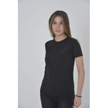 Kadın Gögüs Fileli Slim fit T-shirt - Siyah