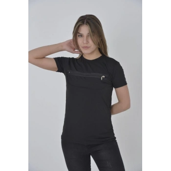 Kadın Göğüste Fermuar Aksesuarlı Dar Kalıp T-Shirt - Siyah