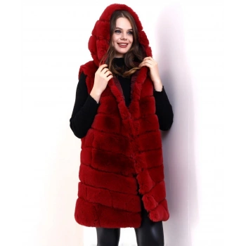 Kadın Kapşonlu Peluş Kürk Yelek Premium Kalite, Tam Astarlı, Uzun Model - Kırmızı