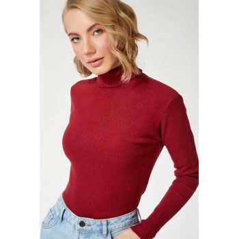 Kadın Kaşkorse Boğazlı Full Likralı Fitilli Body Kazak - Bordo