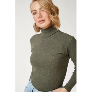 Kadın Kaşkorse Boğazlı Full Likralı Fitilli Body Kazak - Haki