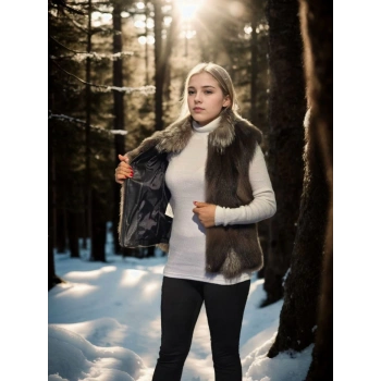 Kadın Kolsuz Fermuarlı Yelek - Kahve