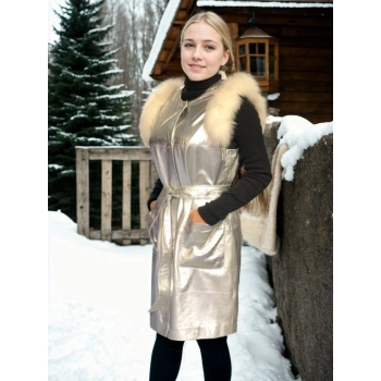 Kadın Kolsuz Hakiki Deri Kürk - Gri