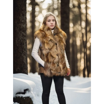 Kadın Kolsuz Hakiki Deri Kürk - Kahve