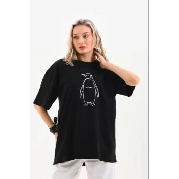 Kadın Nihilist Penguen Pamuklu Oversize Bisiklet Yaka Tişört - Siyah