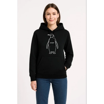 Kadın Nihilist Penguen Özel Tasarım Oversize Kapüşonlu Sweatshirt - Siyah