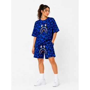 Kadın Oversize Kalıp Pubg Bape X Shark Nakışlı Cepli Şort Takım - Mavi