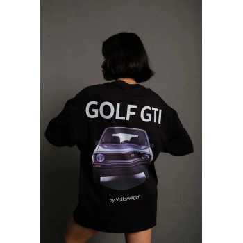 Kadın Oversize Tişört Golf GTI Retro Araba Baskılı T-shirt - Siyah