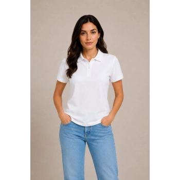 Kadın Polo Yaka Pike Kumaş Düğmeli Basic Tişört Günlük Rahat - Beyaz