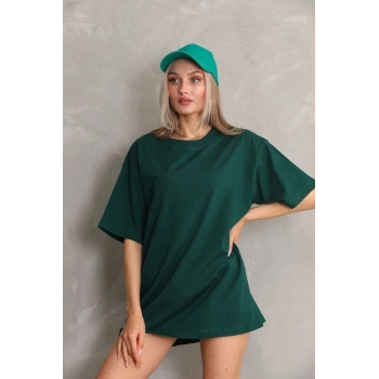 Kadın Regular Fit Tişört Bisiklet Yaka Yazlık Kısa Kol Basıc T-Shirt - Yeşil