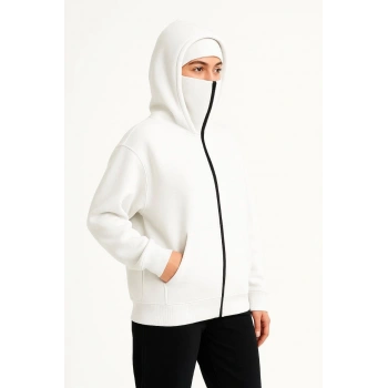 Kadın Samuray Ninja Çift Kapüşonlu Maske Detaylı Fermuarlı Kanguru Cepli Hoodie - Beyaz