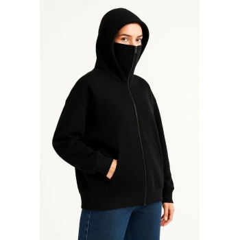 Kadın Samuray Ninja Çift Kapüşonlu Maske Detaylı Fermuarlı Kanguru Cepli Hoodie - Siyah