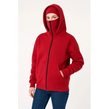 Kadın Samuray Ninja Çift Kapüşonlu Maske Detaylı Fermuarlı Kanguru Cepli Hoodie - Kırmızı