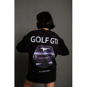Kadın Oversize Baskılı Tişört – Golf GTI Retro Araba Desenli, Ön & Arka Dijital Baskı, Sokak Modası Stil - Siyah